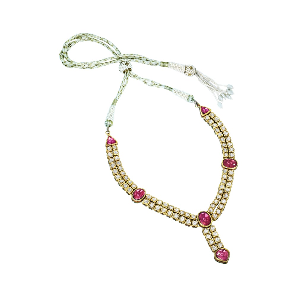 Polki Diamond Necklace Set with Deep Pink Gemstones and Drop